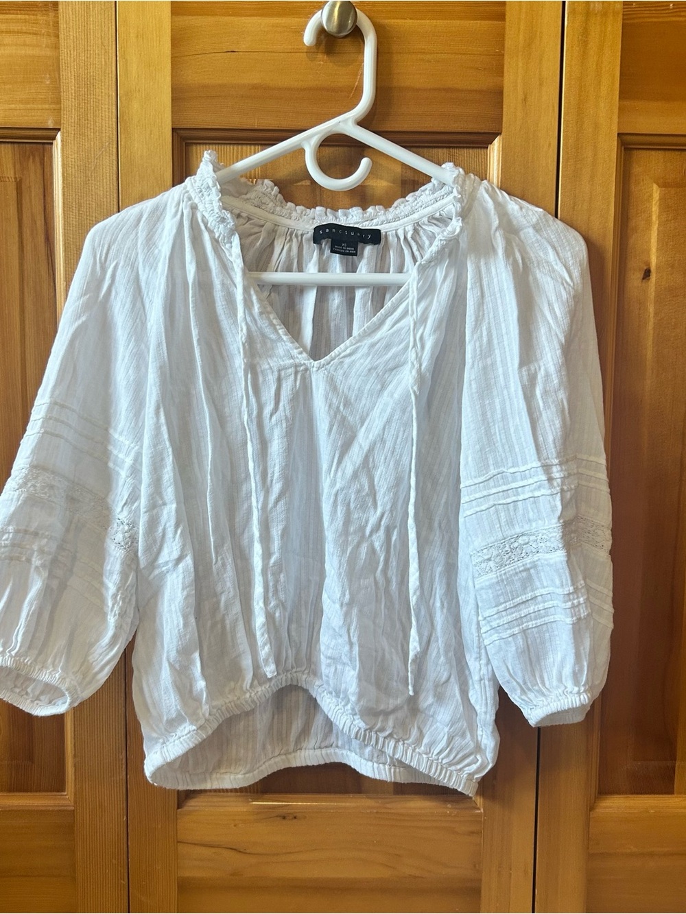 Sanctuary White Boho Peasant Blouse with Tie Neck